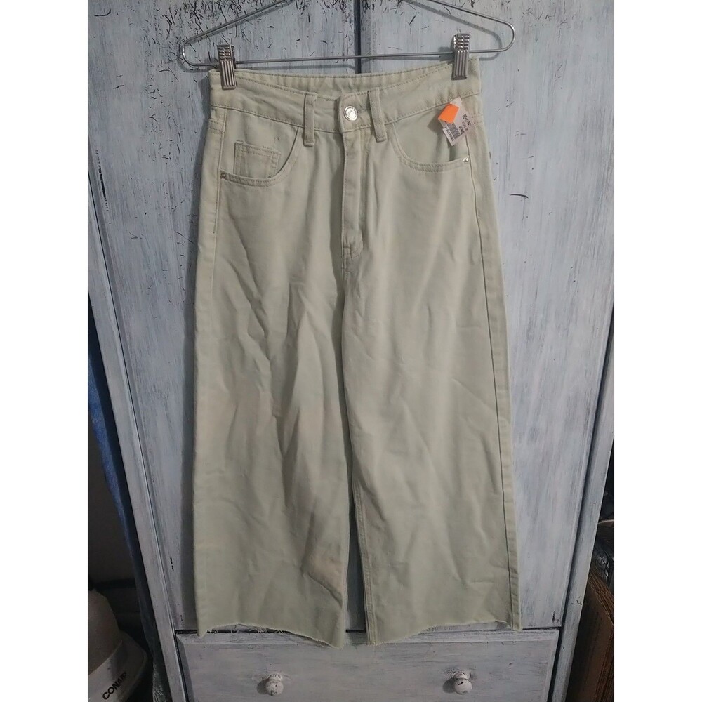 Jean Cropped Distressed Wide Leg Jeans Green Size 2 Y2K Boho Grunge